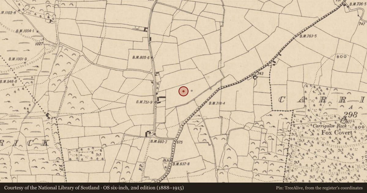 Ordnance Survey six-inch map, 2nd edition (1888–1915) covering the location of Standing stone, Toor (Kilcash Par.), County Tipperary South, with a pin at the register's coordinates