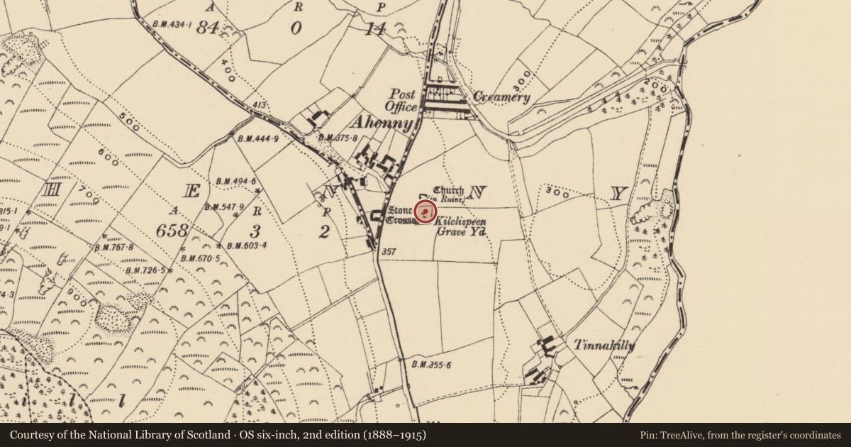 Ordnance Survey six-inch map, 2nd edition (1888–1915) covering the location of Graveyard, Ahenny, County Tipperary South, with a pin at the register's coordinates