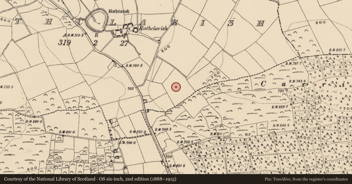 Ordnance Survey six-inch map, 2nd edition (1888–1915) covering the location of Enclosure, Rathclarish, County Tipperary South, with a pin at the register's coordinates