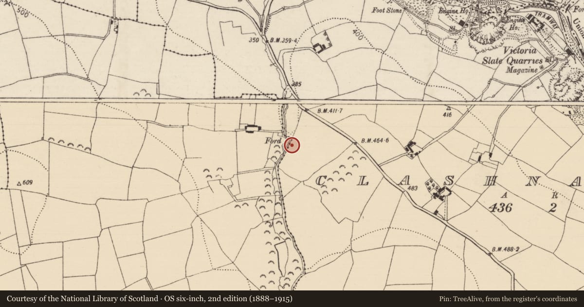 Ordnance Survey six-inch map, 2nd edition (1888–1915) covering the location of Fulacht fia, Clashnasmut, County Tipperary South, with a pin at the register's coordinates