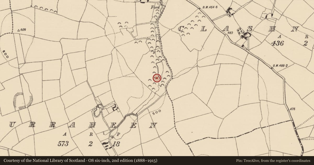 Ordnance Survey six-inch map, 2nd edition (1888–1915) covering the location of Fulacht fia, Curraheen (Newtownlennan Par.), County Tipperary South, with a pin at the register's coordinates