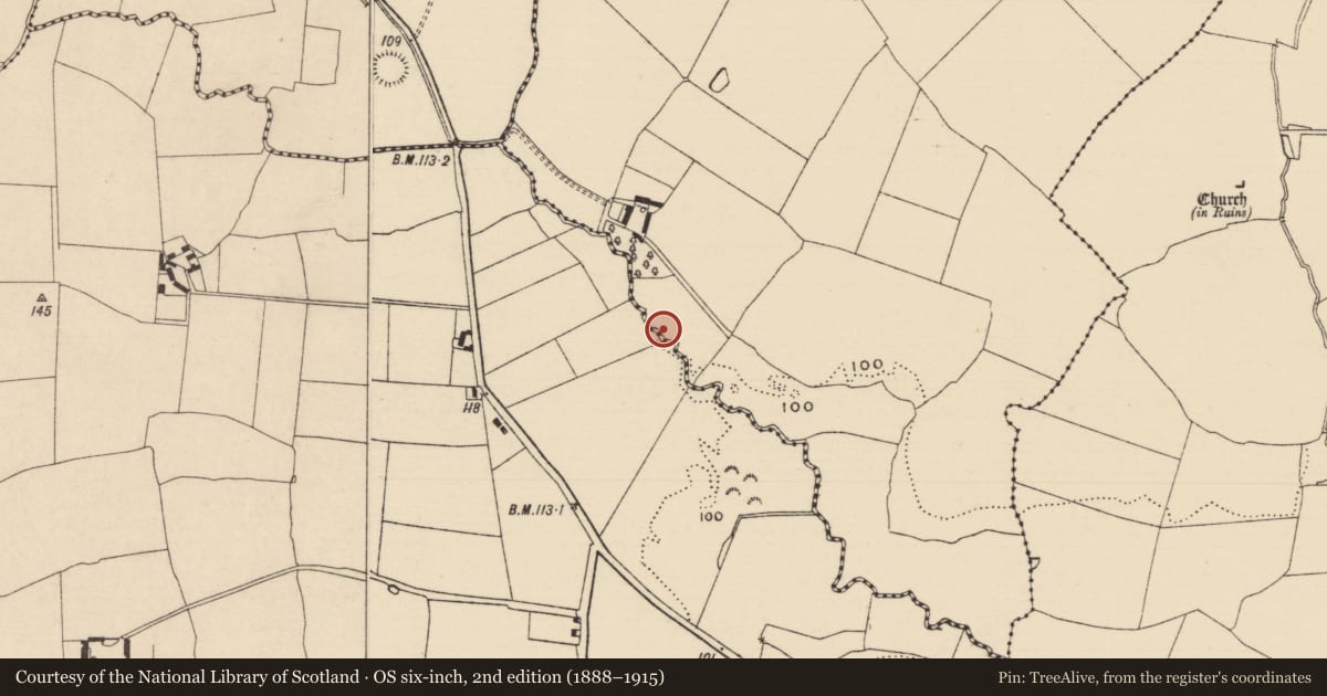 Ordnance Survey six-inch map, 2nd edition (1888–1915) covering the location of Fulacht fia, Curraghadobbin, County Tipperary South, with a pin at the register's coordinates
