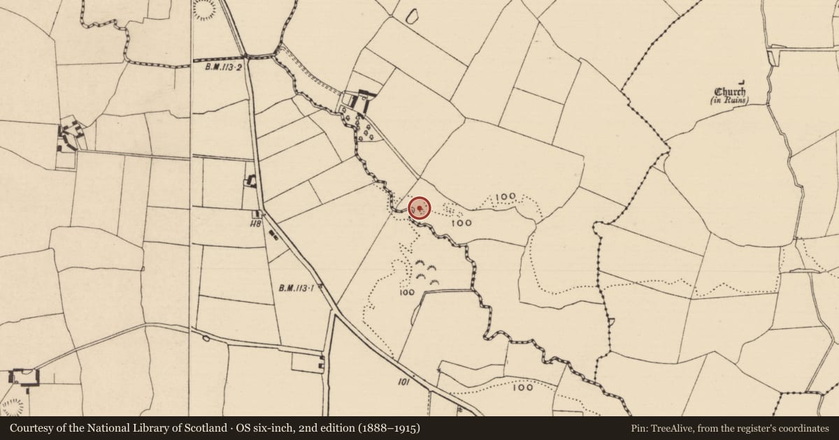 Ordnance Survey six-inch map, 2nd edition (1888–1915) covering the location of Fulacht fia, Curraghadobbin, County Tipperary South, with a pin at the register's coordinates