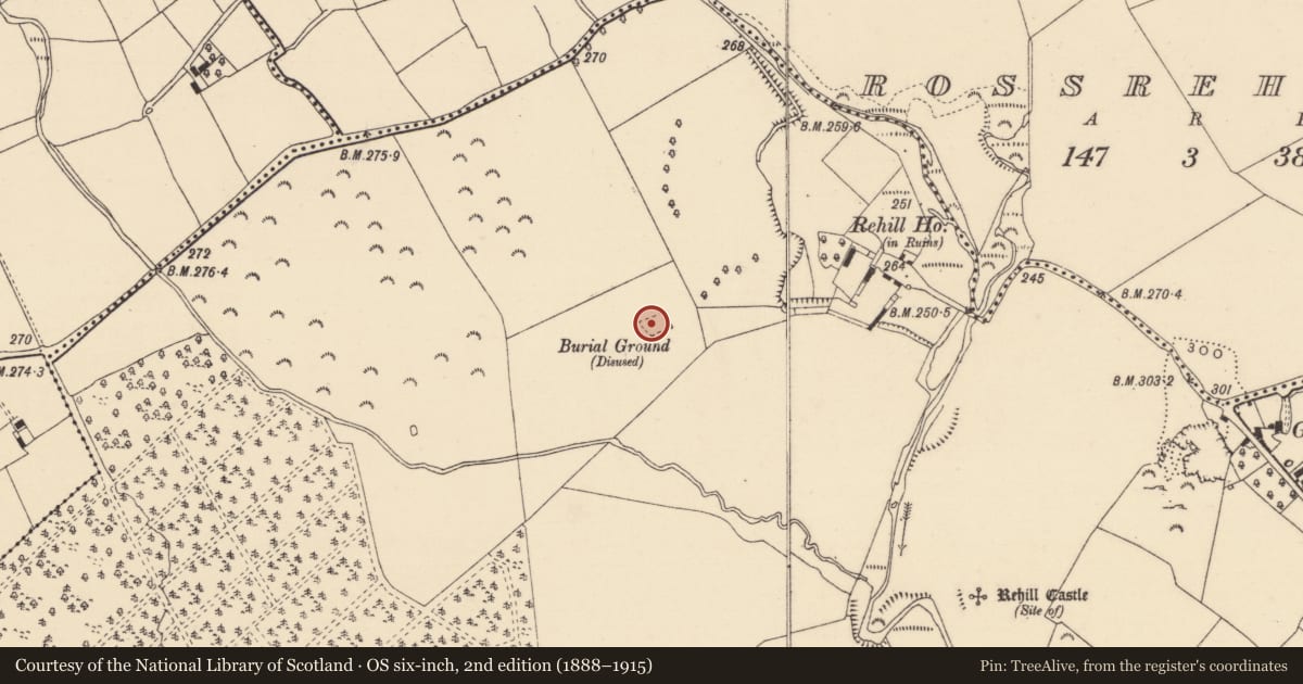 Ordnance Survey six-inch map, 2nd edition (1888–1915) covering the location of Church, Rehill (Shanrahan Par.), County Tipperary South, with a pin at the register's coordinates