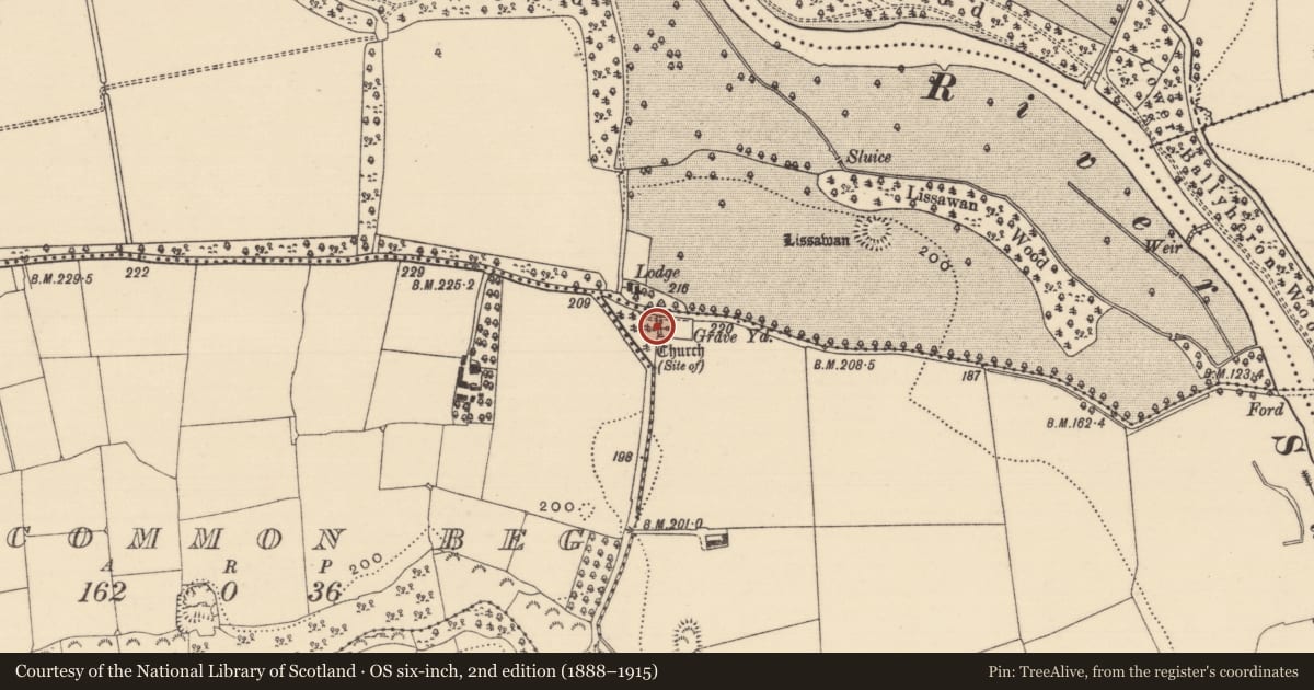 Ordnance Survey six-inch map, 2nd edition (1888–1915) covering the location of Church, Ballybrada, County Tipperary South, with a pin at the register's coordinates