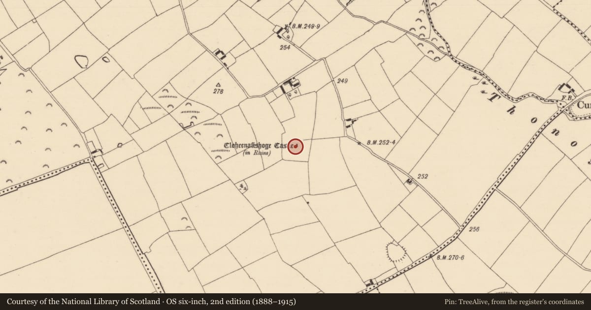 Ordnance Survey six-inch map, 2nd edition (1888–1915) covering the location of Castle - unclassified, Cloheenafishoge, County Tipperary South, with a pin at the register's coordinates
