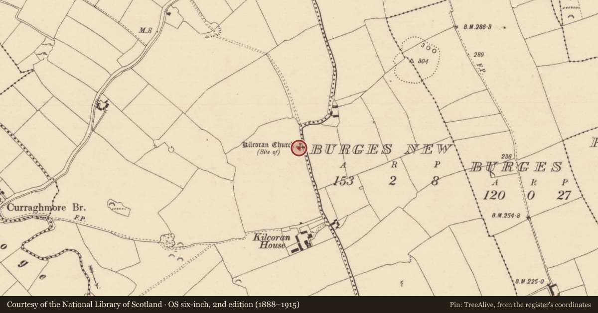 Ordnance Survey six-inch map, 2nd edition (1888–1915) covering the location of Church, Kilcoran, County Tipperary South, with a pin at the register's coordinates