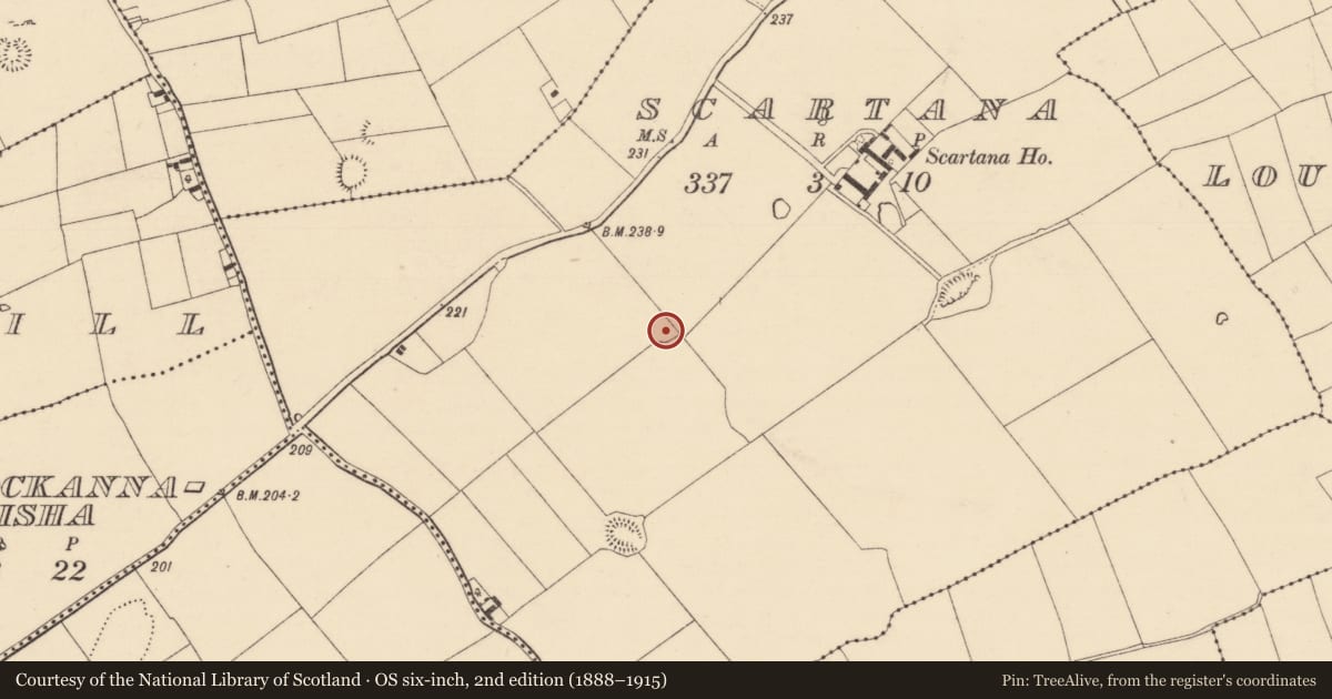 Ordnance Survey six-inch map, 2nd edition (1888–1915) covering the location of Enclosure, Scartana, County Tipperary South, with a pin at the register's coordinates