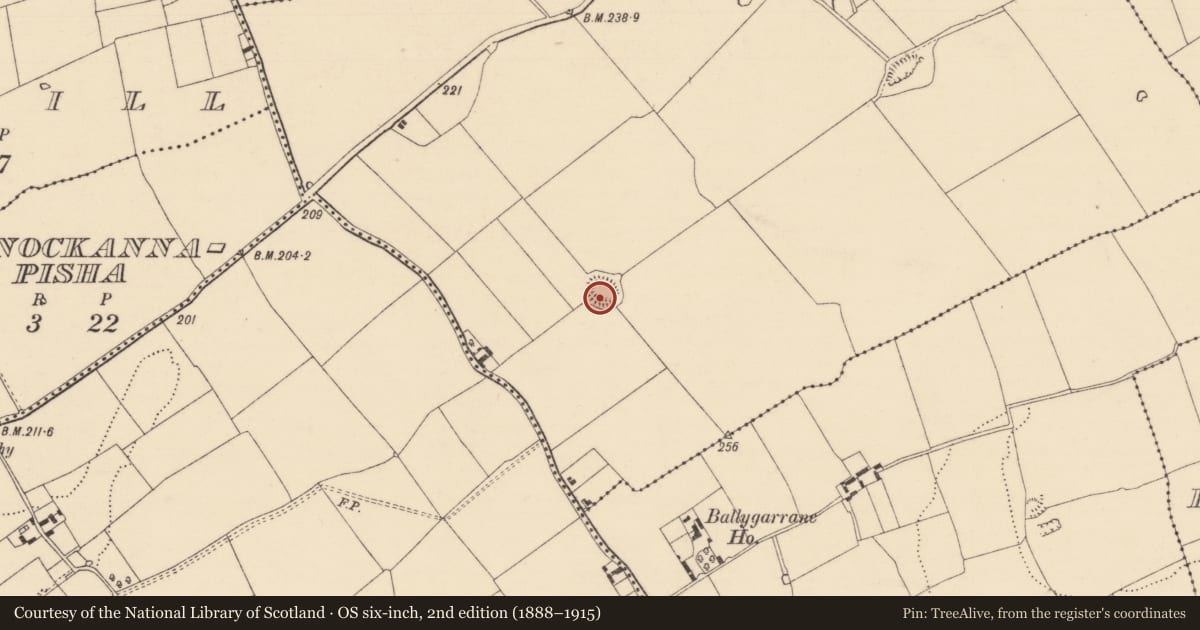 Ordnance Survey six-inch map, 2nd edition (1888–1915) covering the location of Enclosure, Scartana, County Tipperary South, with a pin at the register's coordinates