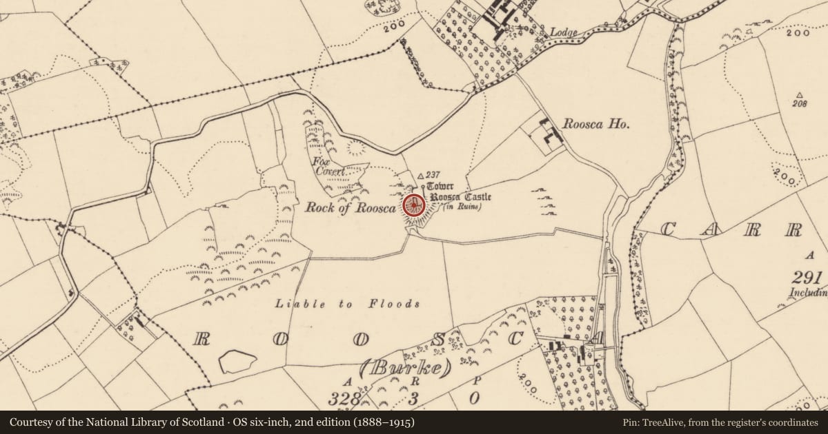 Ordnance Survey six-inch map, 2nd edition (1888–1915) covering the location of House - 16th century, Roosca (Burke), County Tipperary South, with a pin at the register's coordinates