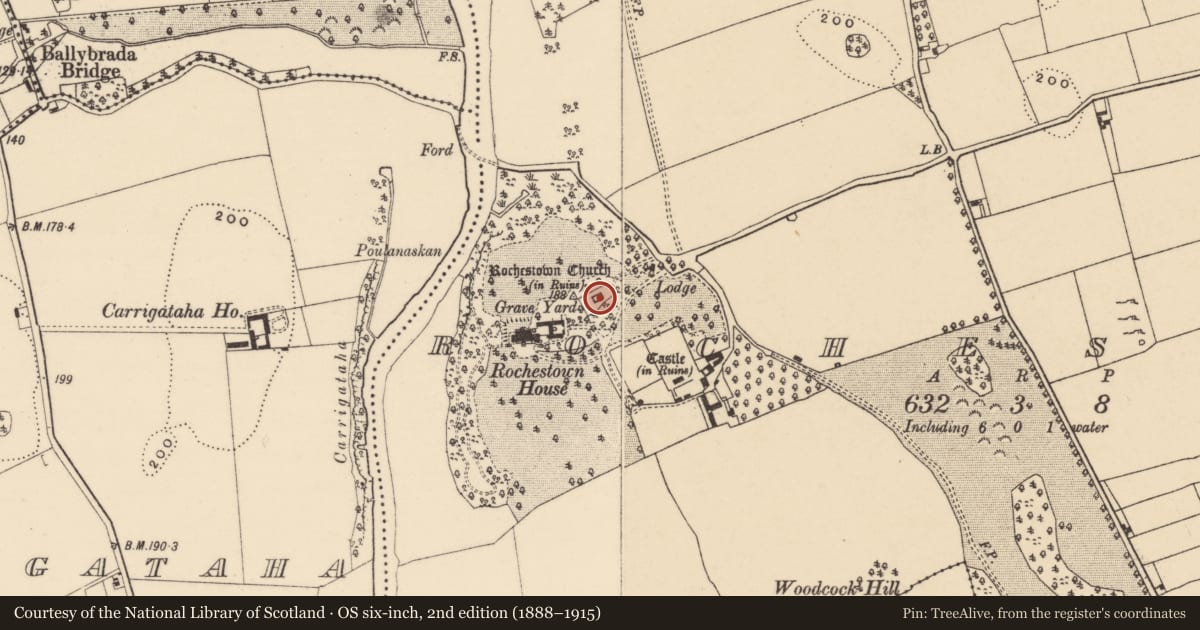 Ordnance Survey six-inch map, 2nd edition (1888–1915) covering the location of Church, Rochestown, County Tipperary South, with a pin at the register's coordinates