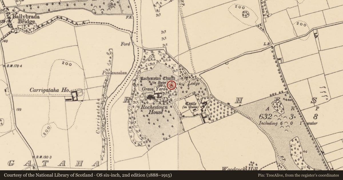 Ordnance Survey six-inch map, 2nd edition (1888–1915) covering the location of Graveyard, Rochestown, County Tipperary South, with a pin at the register's coordinates