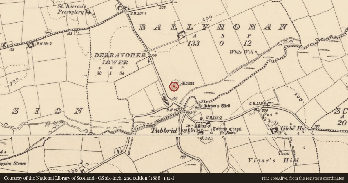 Ordnance Survey six-inch map, 2nd edition (1888–1915) covering the location of Castle - motte, Ballyhohan, County Tipperary South, with a pin at the register's coordinates