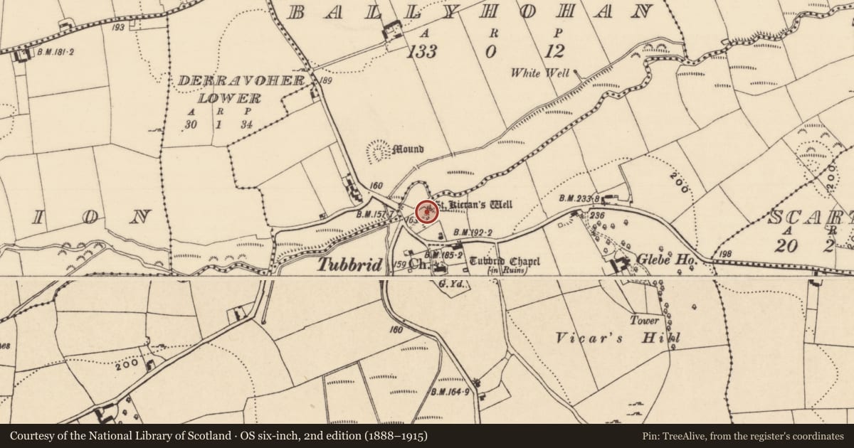 Ordnance Survey six-inch map, 2nd edition (1888–1915) covering the location of Ritual site - holy well, Tubbrid, County Tipperary South, with a pin at the register's coordinates
