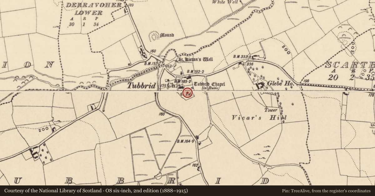 Ordnance Survey six-inch map, 2nd edition (1888–1915) covering the location of Graveyard, Tubbrid, County Tipperary South, with a pin at the register's coordinates