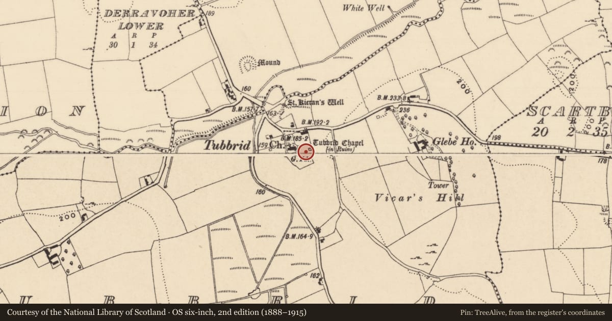 Ordnance Survey six-inch map, 2nd edition (1888–1915) covering the location of Wall monument, Tubbrid, County Tipperary South, with a pin at the register's coordinates