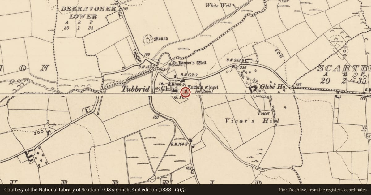 Ordnance Survey six-inch map, 2nd edition (1888–1915) covering the location of Graveslab, Tubbrid, County Tipperary South, with a pin at the register's coordinates