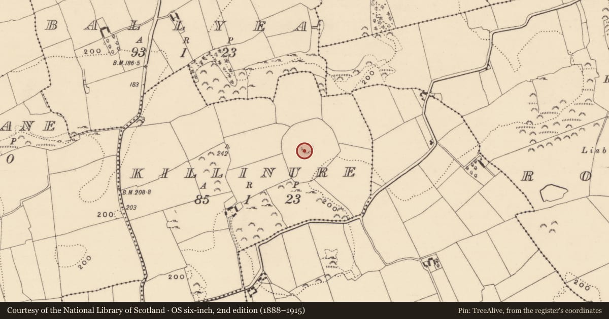 Ordnance Survey six-inch map, 2nd edition (1888–1915) covering the location of Enclosure, Killinure, County Tipperary South, with a pin at the register's coordinates