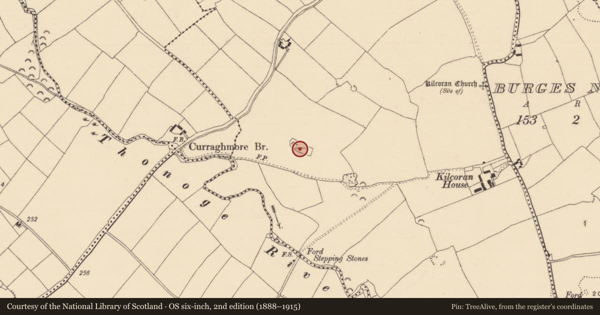 Ordnance Survey six-inch map, 2nd edition (1888–1915) covering the location of Earthwork, Kilcoran, County Tipperary South, with a pin at the register's coordinates