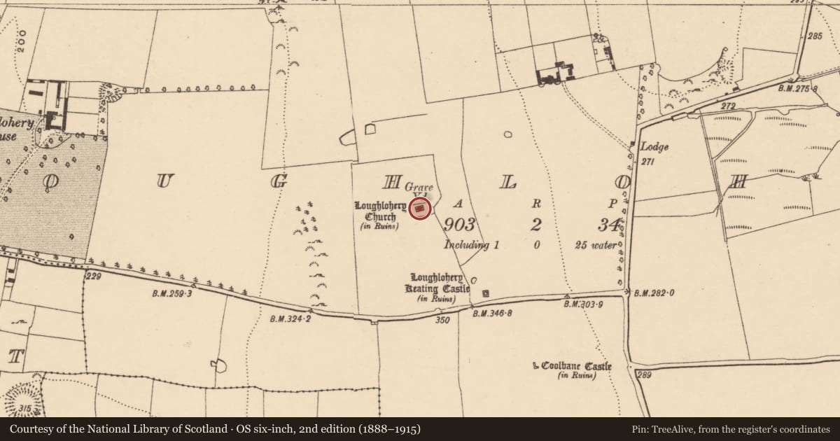 Ordnance Survey six-inch map, 2nd edition (1888–1915) covering the location of Church, Loughlohery, County Tipperary South, with a pin at the register's coordinates