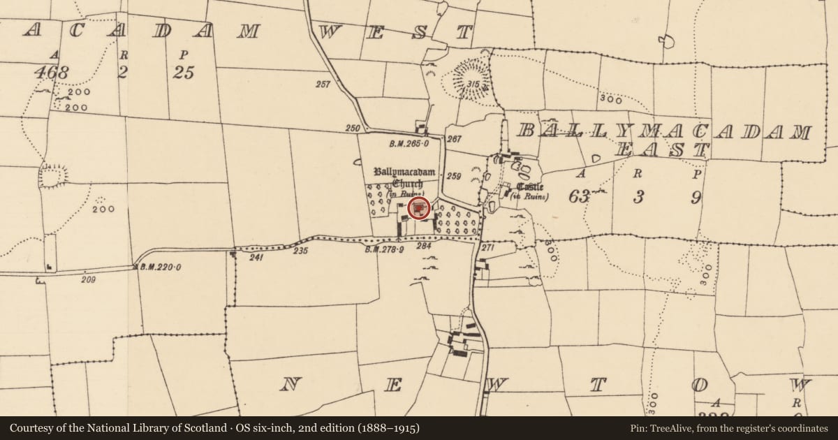 Ordnance Survey six-inch map, 2nd edition (1888–1915) covering the location of Church, Ballymacadam West, County Tipperary South, with a pin at the register's coordinates