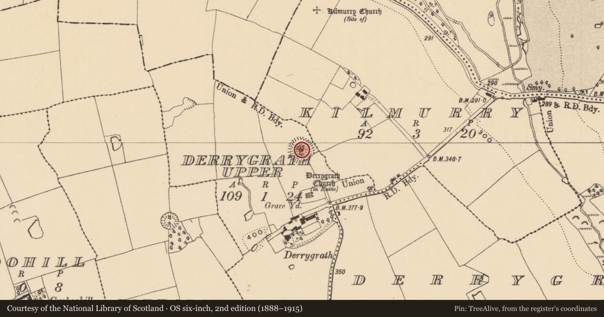 Ordnance Survey six-inch map, 2nd edition (1888–1915) covering the location of Ringfort - rath, Derrygrath Upper, County Tipperary South, with a pin at the register's coordinates
