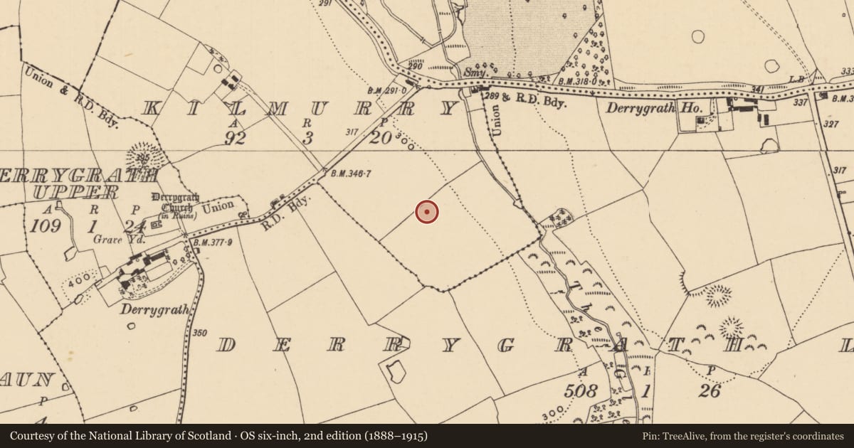 Ordnance Survey six-inch map, 2nd edition (1888–1915) covering the location of Moated site, Kilmurry, County Tipperary South, with a pin at the register's coordinates