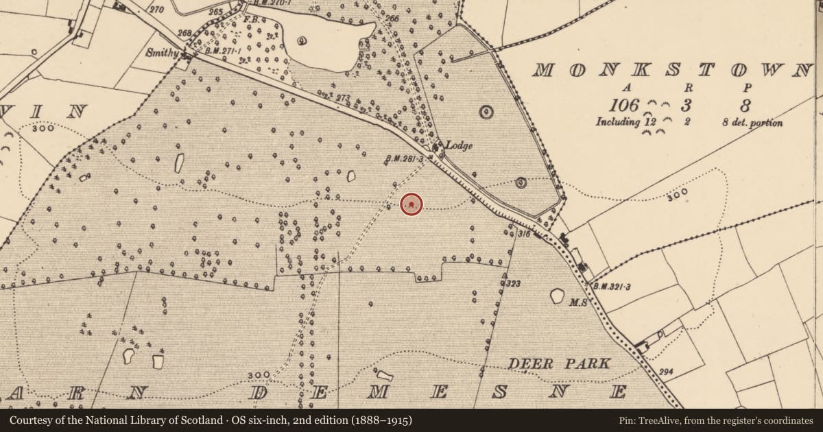 Ordnance Survey six-inch map, 2nd edition (1888–1915) covering the location of Enclosure, Barn Demesne (Inishlounaght Par.), County Tipperary South, with a pin at the register's coordinates