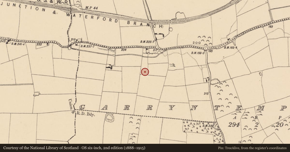 Ordnance Survey six-inch map, 2nd edition (1888–1915) covering the location of Ringfort - rath, Garryntemple, County Tipperary South, with a pin at the register's coordinates
