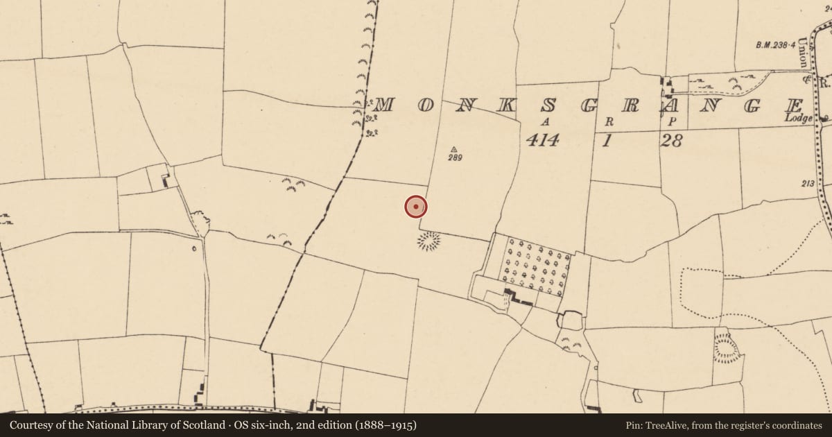 Ordnance Survey six-inch map, 2nd edition (1888–1915) covering the location of Enclosure, Monksgrange, County Tipperary South, with a pin at the register's coordinates