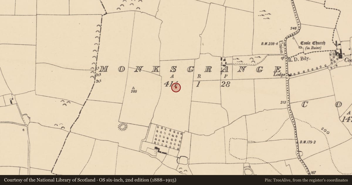 Ordnance Survey six-inch map, 2nd edition (1888–1915) covering the location of Enclosure, Monksgrange, County Tipperary South, with a pin at the register's coordinates