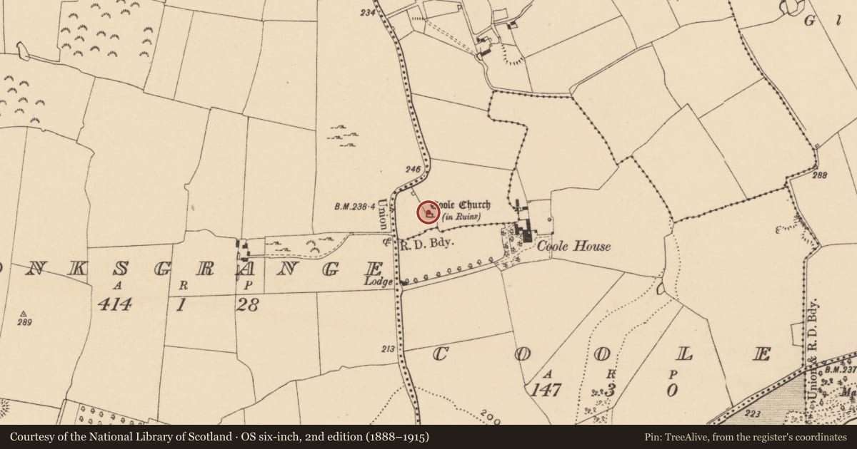 Ordnance Survey six-inch map, 2nd edition (1888–1915) covering the location of Church, Garryntemple, County Tipperary South, with a pin at the register's coordinates