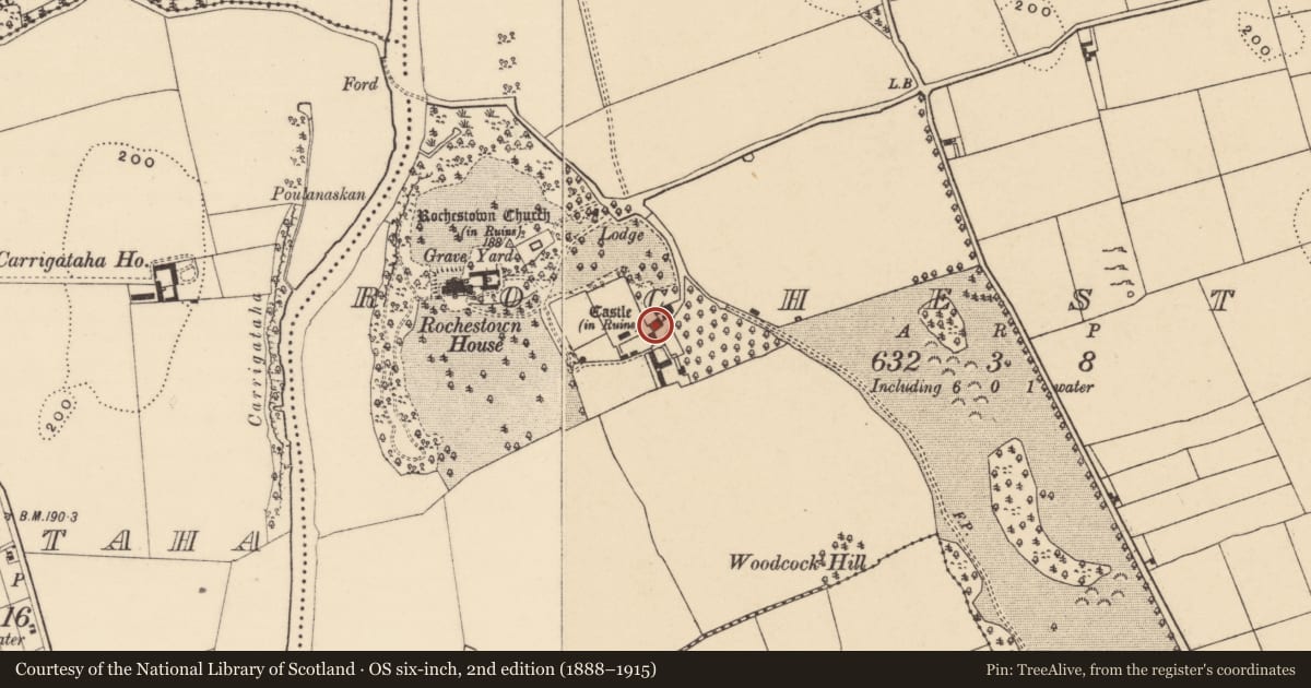 Ordnance Survey six-inch map, 2nd edition (1888–1915) covering the location of Castle - tower house, Rochestown, County Tipperary South, with a pin at the register's coordinates