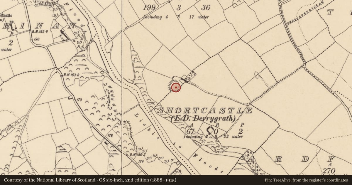 Ordnance Survey six-inch map, 2nd edition (1888–1915) covering the location of Enclosure, Reechestown, Shortcastle (Ardfinnan Par.), County Tipperary South, with a pin at the register's coordinates