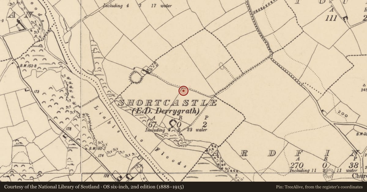 Ordnance Survey six-inch map, 2nd edition (1888–1915) covering the location of Enclosure, Shortcastle (Ardfinnan Par.), County Tipperary South, with a pin at the register's coordinates