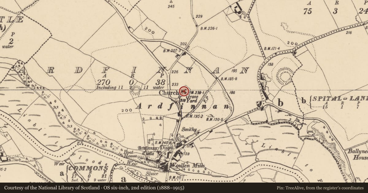 Ordnance Survey six-inch map, 2nd edition (1888–1915) covering the location of Church, Ardfinnan, County Tipperary South, with a pin at the register's coordinates