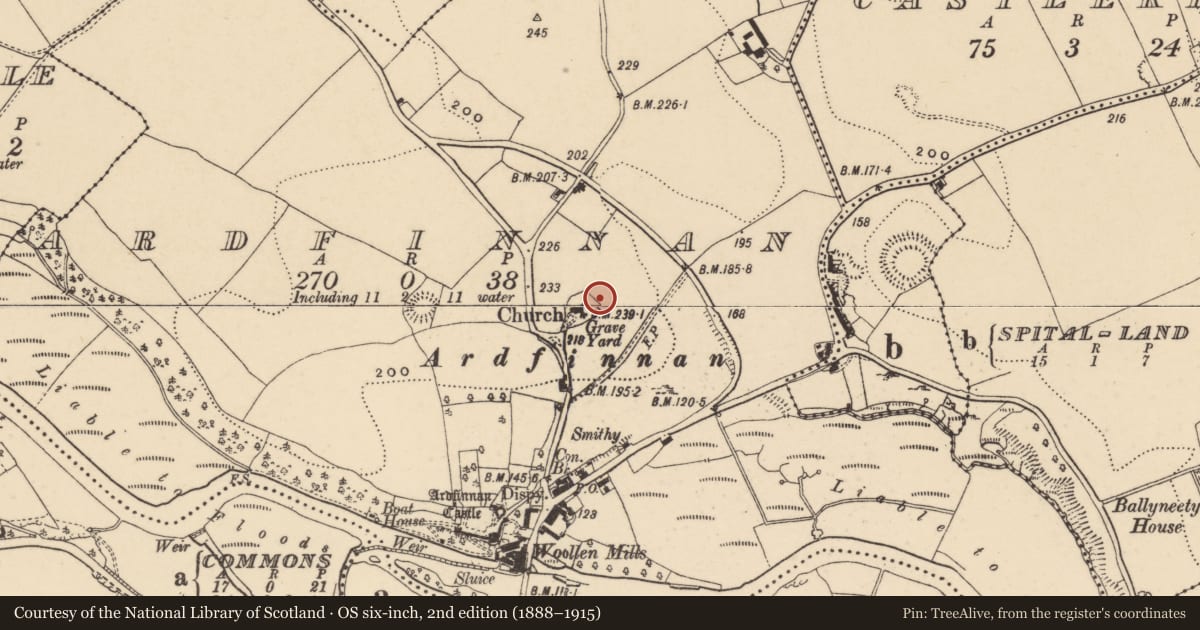 Ordnance Survey six-inch map, 2nd edition (1888–1915) covering the location of Earthwork, Ardfinnan, County Tipperary South, with a pin at the register's coordinates