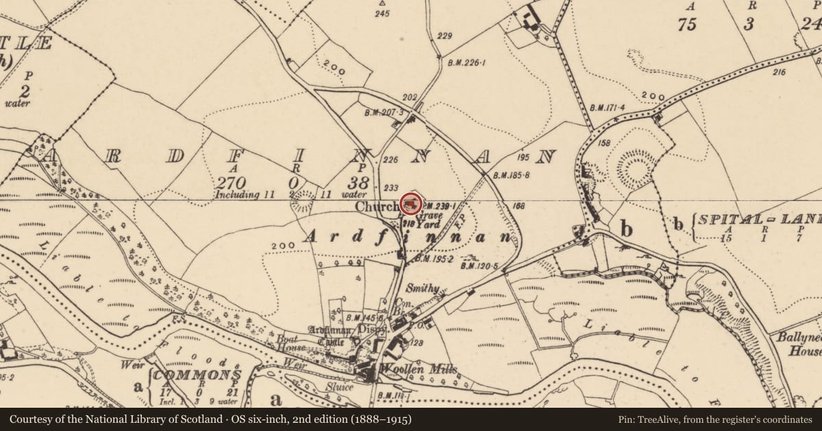 Ordnance Survey six-inch map, 2nd edition (1888–1915) covering the location of Graveyard, Ardfinnan, County Tipperary South, with a pin at the register's coordinates