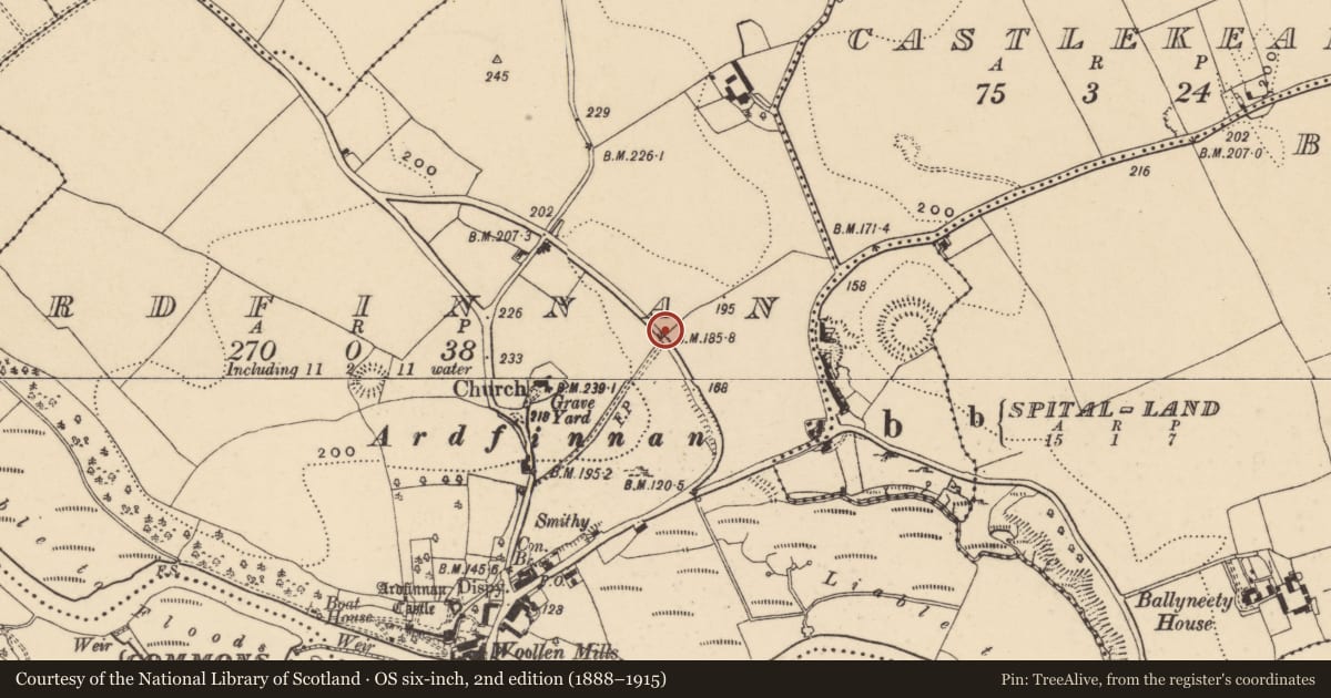 Ordnance Survey six-inch map, 2nd edition (1888–1915) covering the location of Road - road/trackway, Ardfinnan, County Tipperary South, with a pin at the register's coordinates
