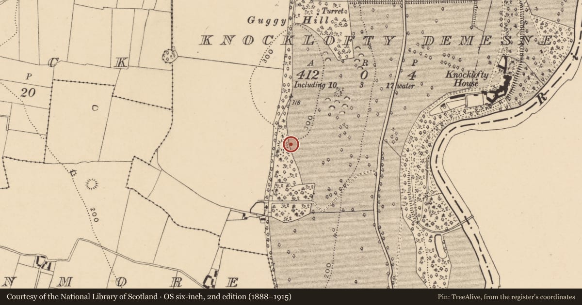 Ordnance Survey six-inch map, 2nd edition (1888–1915) covering the location of Enclosure, Knocklofty Demesne, County Tipperary South, with a pin at the register's coordinates