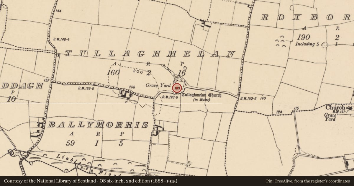 Ordnance Survey six-inch map, 2nd edition (1888–1915) covering the location of Church, Tullaghmelan, County Tipperary South, with a pin at the register's coordinates
