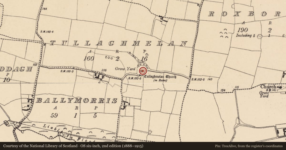 Ordnance Survey six-inch map, 2nd edition (1888–1915) covering the location of Architectural fragment, Tullaghmelan, County Tipperary South, with a pin at the register's coordinates