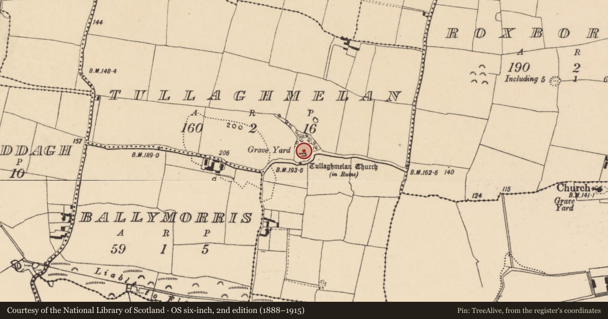 Ordnance Survey six-inch map, 2nd edition (1888–1915) covering the location of Architectural fragment, Tullaghmelan, County Tipperary South, with a pin at the register's coordinates