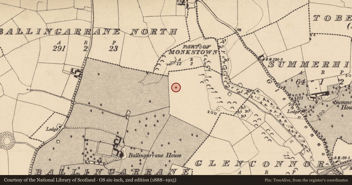 Ordnance Survey six-inch map, 2nd edition (1888–1915) covering the location of Enclosure, Ballingarrane, County Tipperary South, with a pin at the register's coordinates