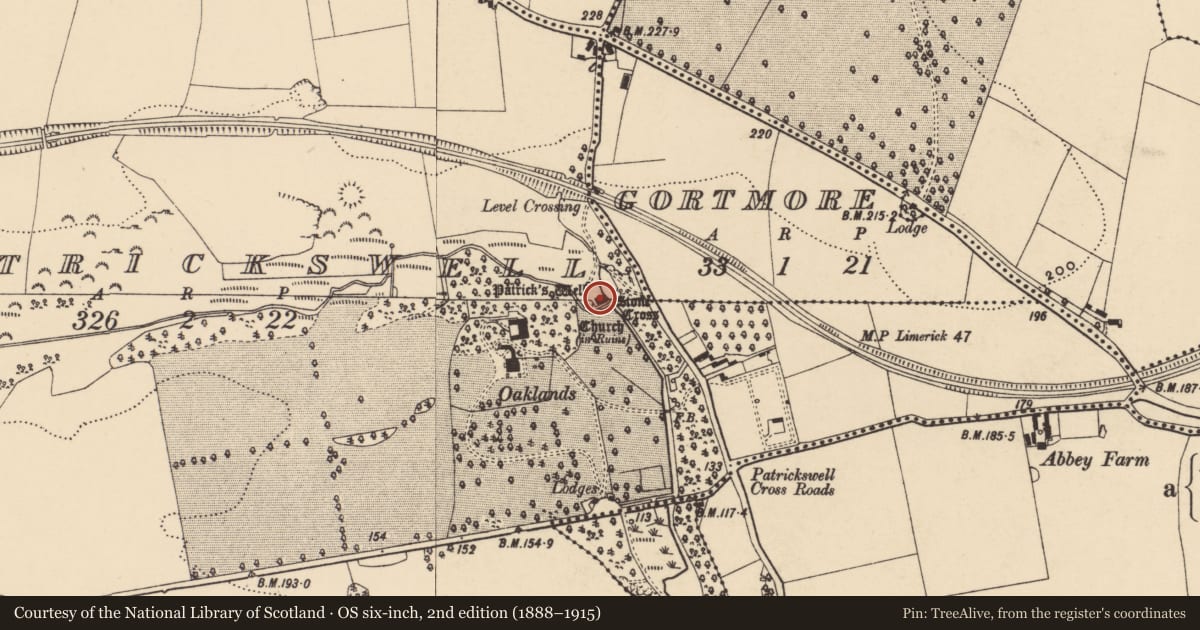 Ordnance Survey six-inch map, 2nd edition (1888–1915) covering the location of Wall monument (present location), Patrickswell (Inishlounaght Par.), County Tipperary South, with a pin at the register's coordinates