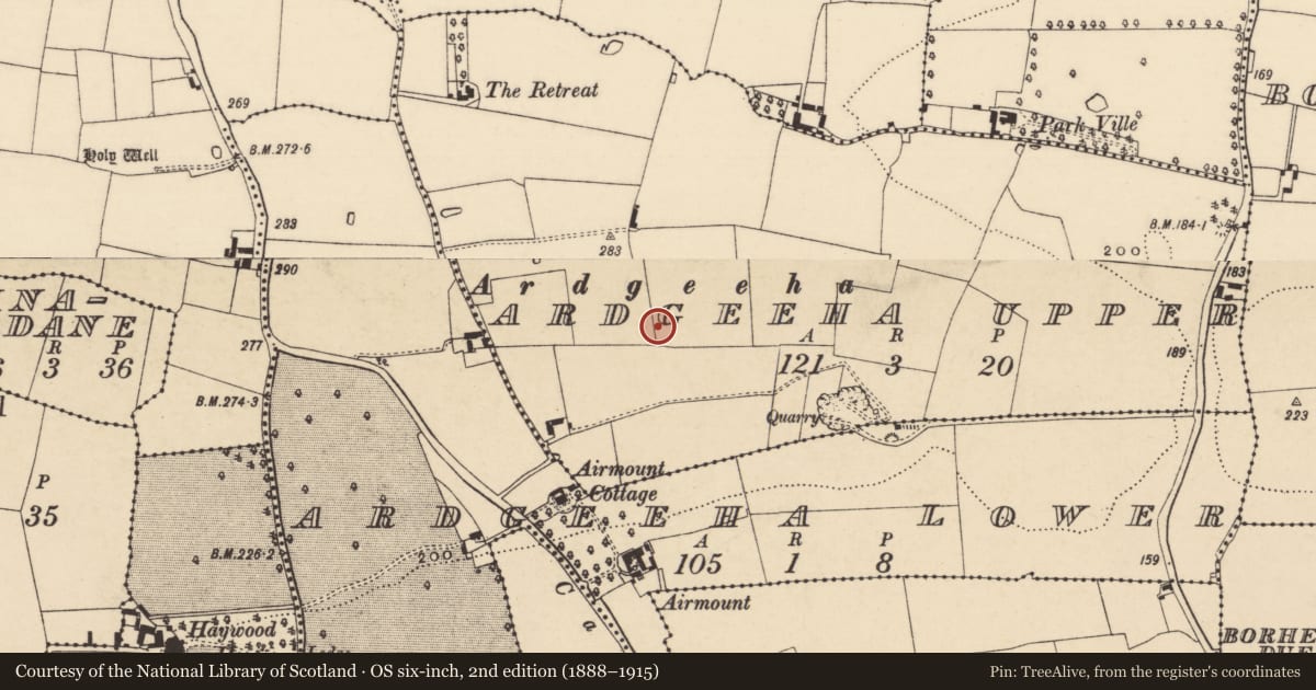 Ordnance Survey six-inch map, 2nd edition (1888–1915) covering the location of Enclosure, Ardgeeha Upper, County Tipperary South, with a pin at the register's coordinates