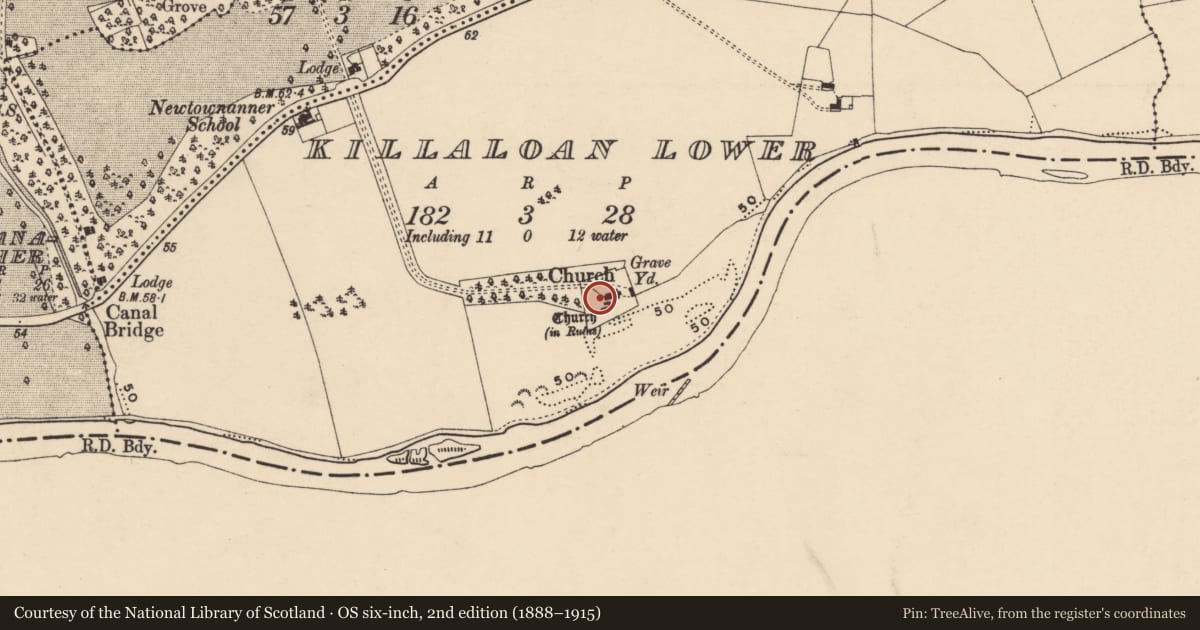 Ordnance Survey six-inch map, 2nd edition (1888–1915) covering the location of Graveyard, Killaloan Lower, County Tipperary South, with a pin at the register's coordinates