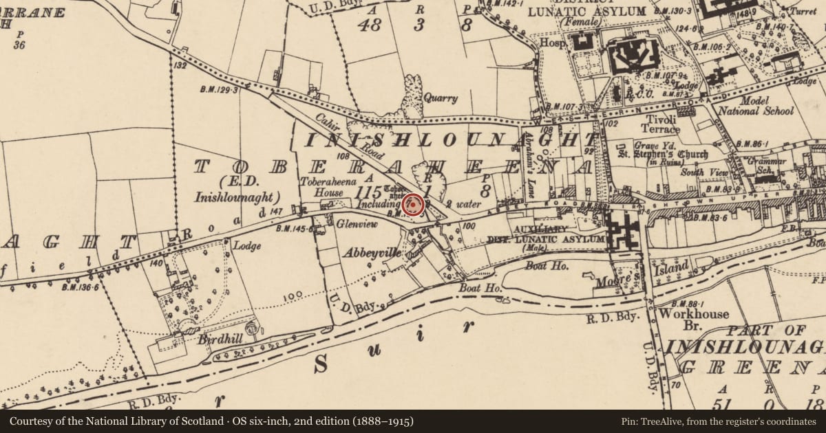 Ordnance Survey six-inch map, 2nd edition (1888–1915) covering the location of Ritual site - holy well, Toberaheena (Inishlounaght Par.), County Tipperary South, with a pin at the register's coordinates