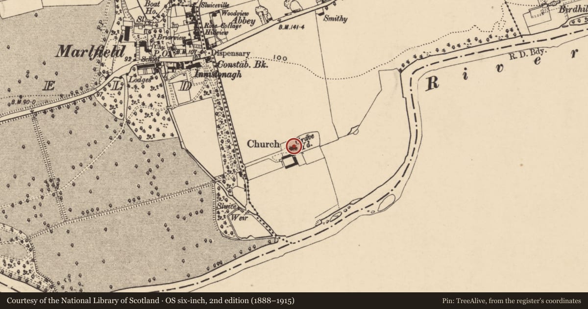 Ordnance Survey six-inch map, 2nd edition (1888–1915) covering the location of Religious house - Cistercian monks, Inishlounaght, County Tipperary South, with a pin at the register's coordinates