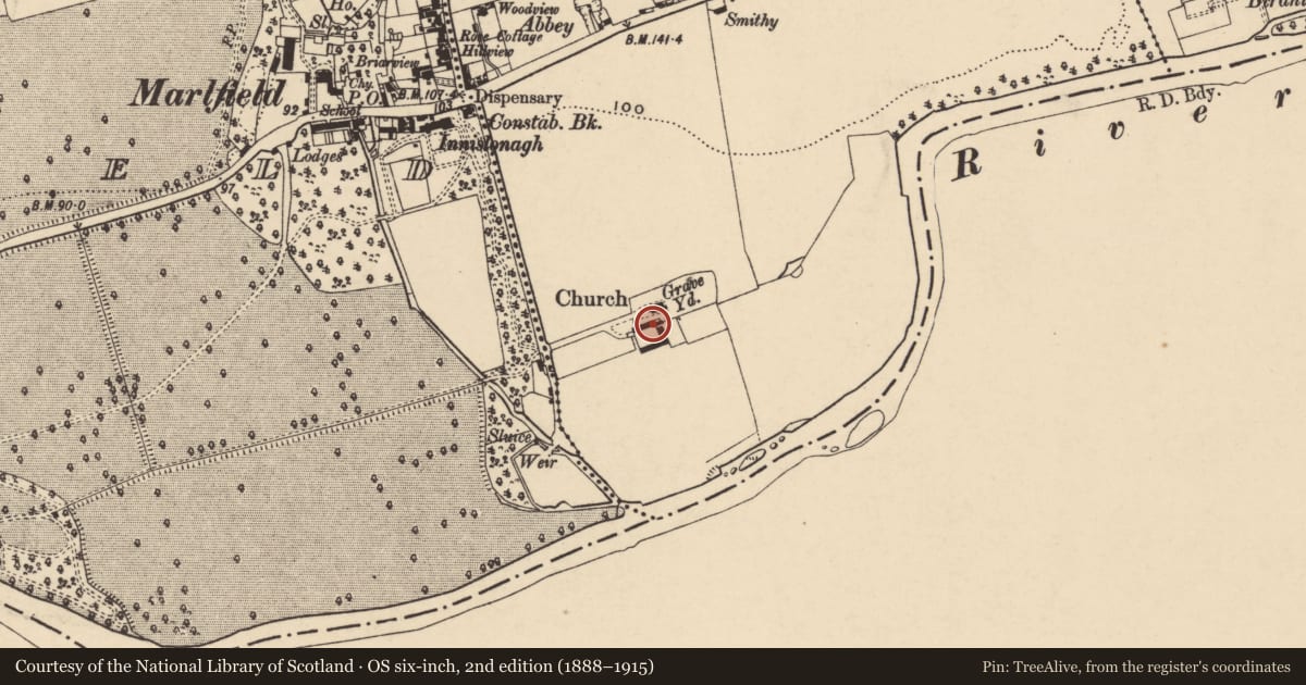 Ordnance Survey six-inch map, 2nd edition (1888–1915) covering the location of Graveslab, Inishlounaght, County Tipperary South, with a pin at the register's coordinates